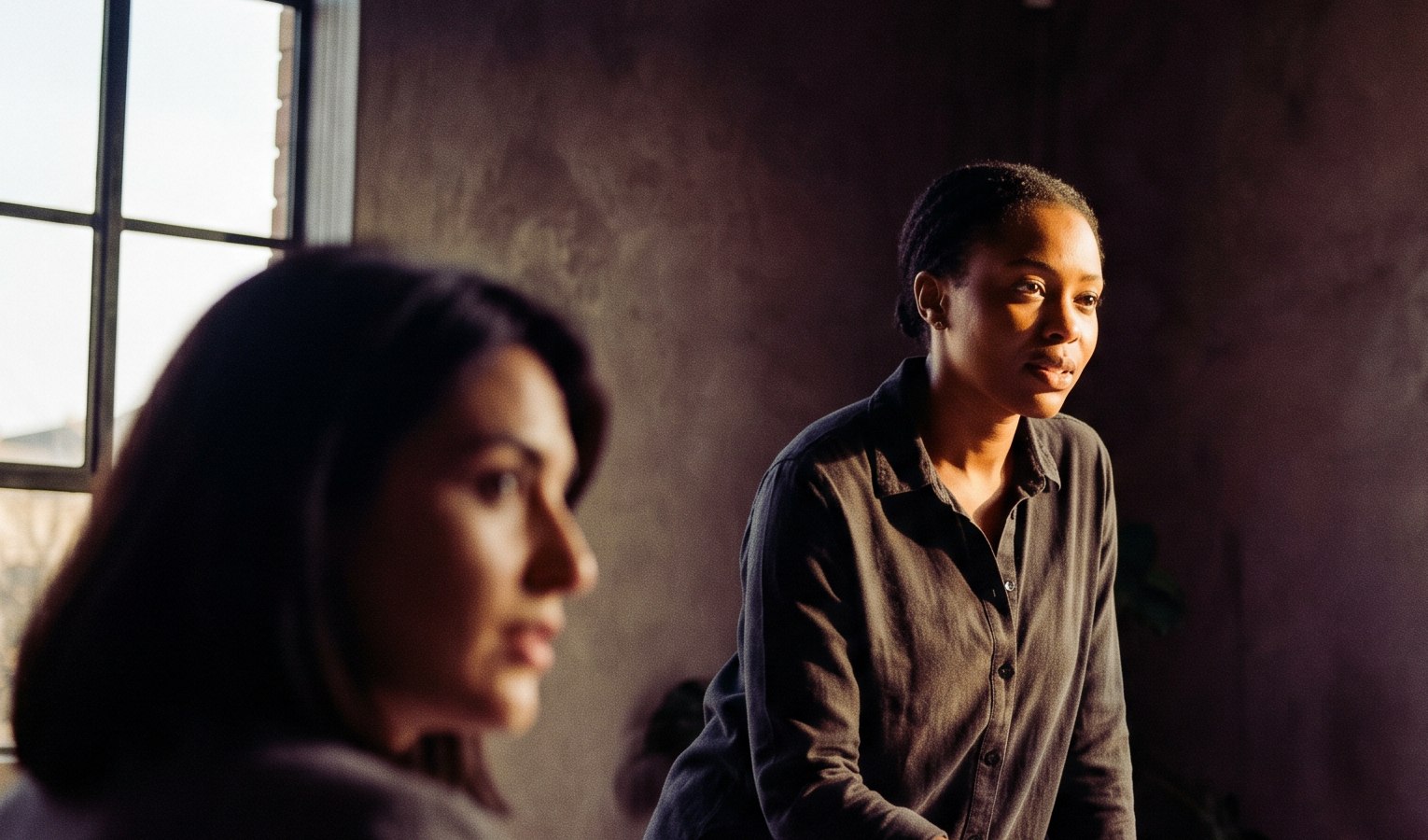 Two insurance colleagues in conversation in a daylit office